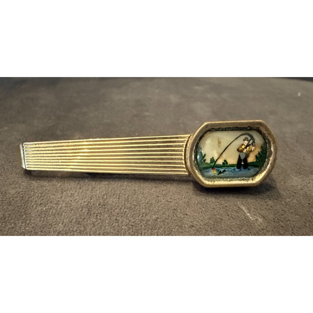 Vintage 1950s Swank Fly Fishing Man Tie Bar Clip Lucite Reverse Painted